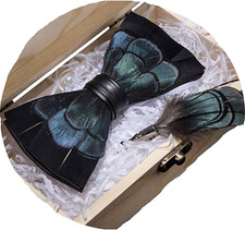 Peacock Bow Tie Feather Pre-Tied Bowtie Brooch Sets Tuxedo Banquet Necktie