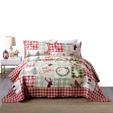 3 Piece Christmas Snowman Quilt Reversible Bedspread Set for Winter