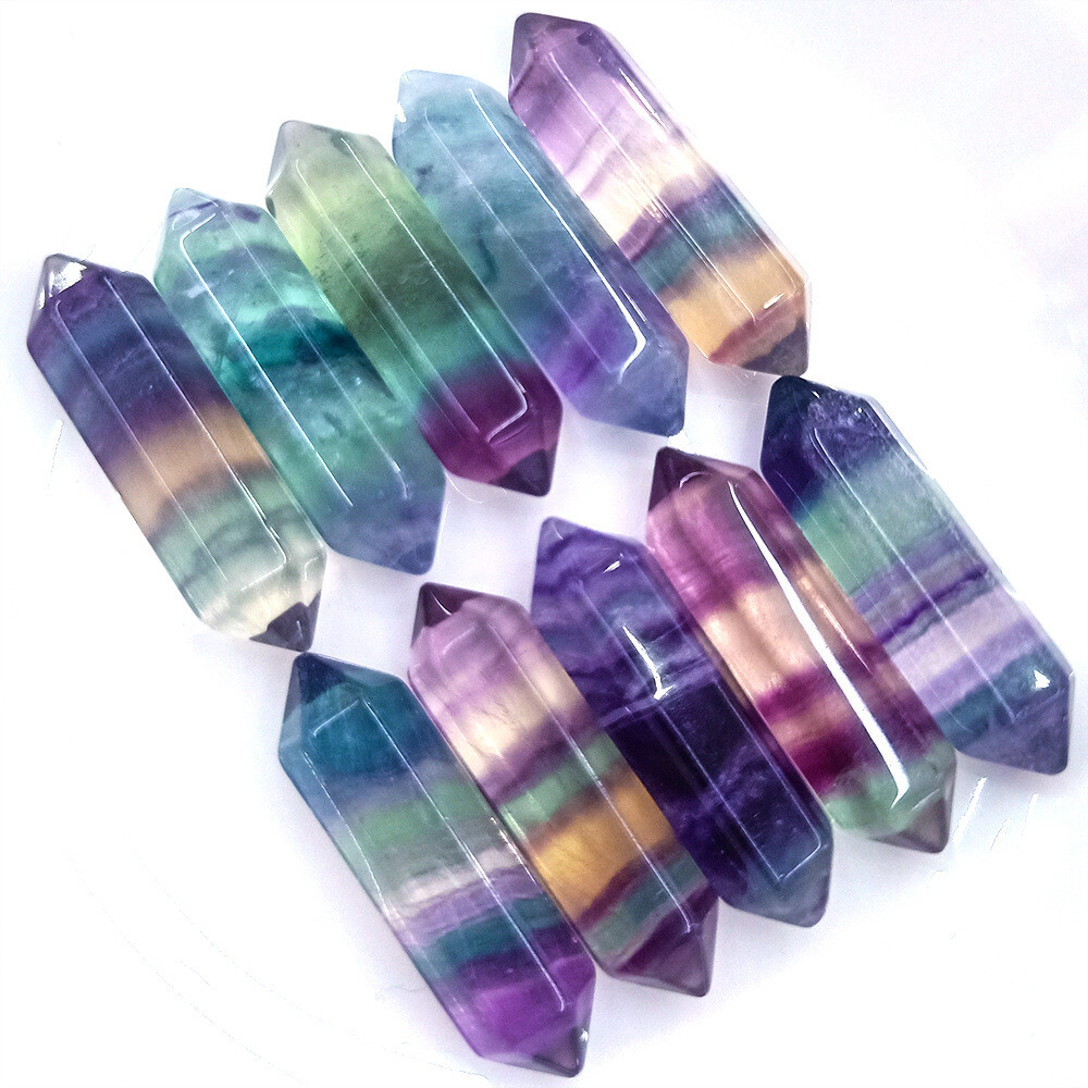 10pcs Natural Rainbow Fluorite Hexagonal Wand Points for Reiki Healing Energy