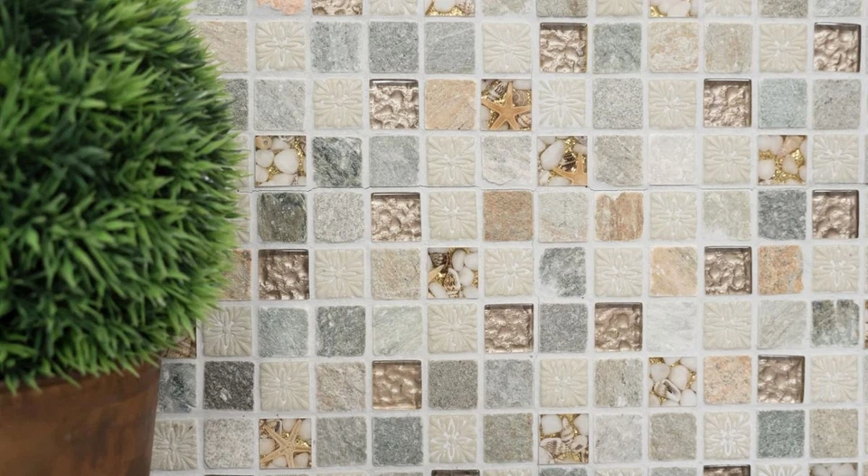 Naturstein Rustikal Quarzit Naturstein Mosaikfliese Glasmosaik gold beige ... - Bild 2 von 4