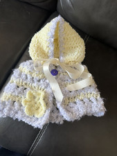 Handmade Purple Yellow Hooded Cape Shawl Crocheted , Newborn - 3 mos.