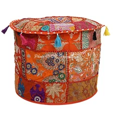 New Orange Patchwork Floor Pillow Footstool Round Pouf Cover Ottoman Home Decor