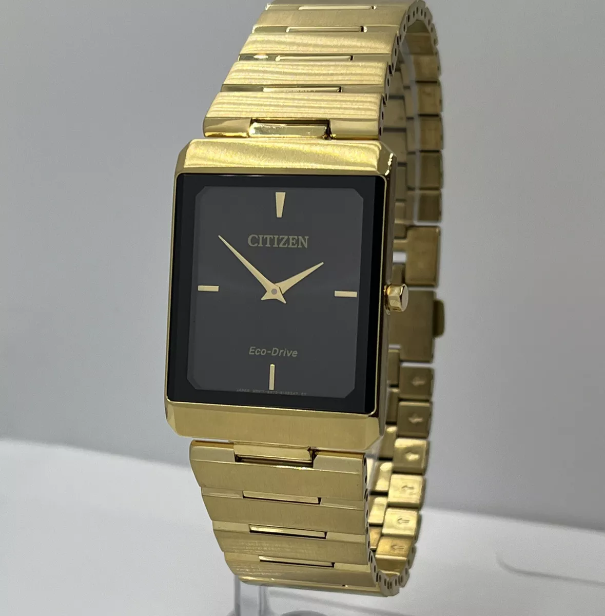 Citizen Men s Eco Drive Stiletto Black Rectangle Steel Watch EG6012 59E Sapphire