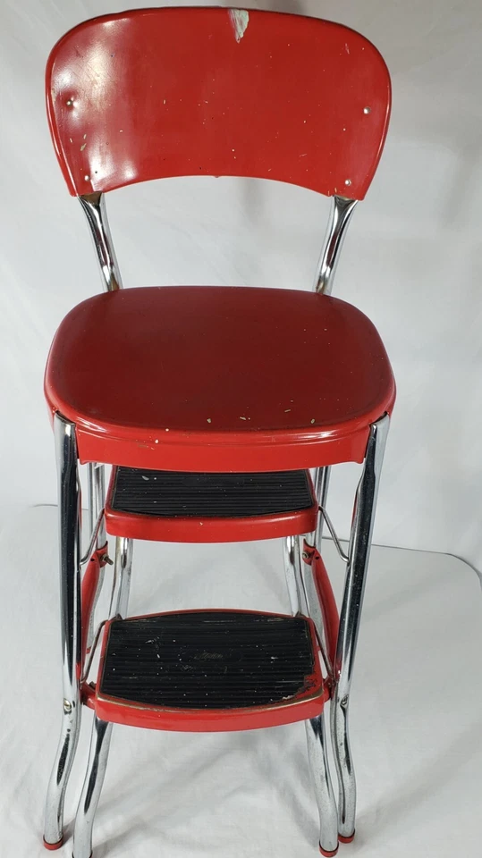 Vintage Stylaire Red Metal Fold Out Step Stool Chair Chrome Legs Pick-Up Only - Image 2 of 4