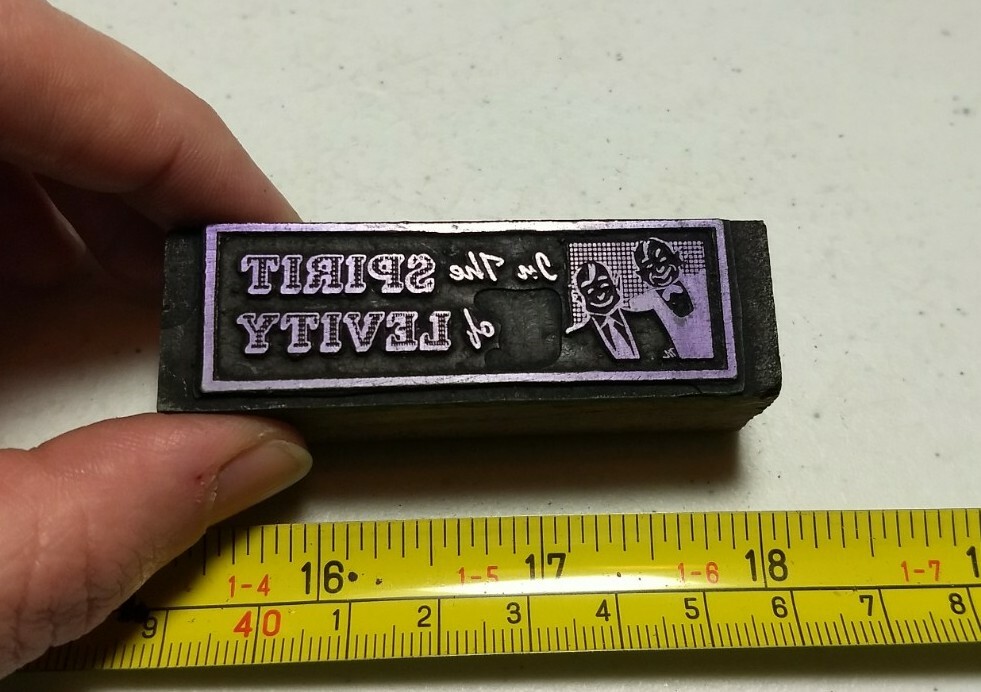Vintage Letterpress Printing Block "In The Spirit Of Levity" Smiling Men Spirit Of