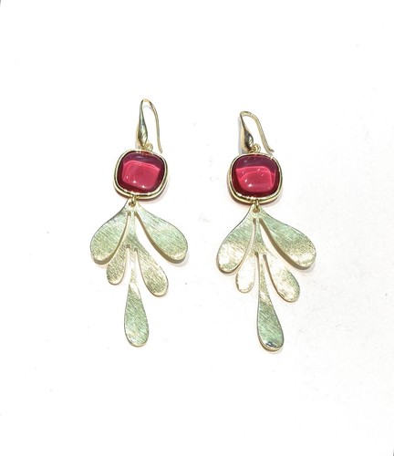 Boucles D'oreilles Pendantes Vintage ZOE COSTE - Cabochon Rubis Verre, Doré, Fermoir Clips