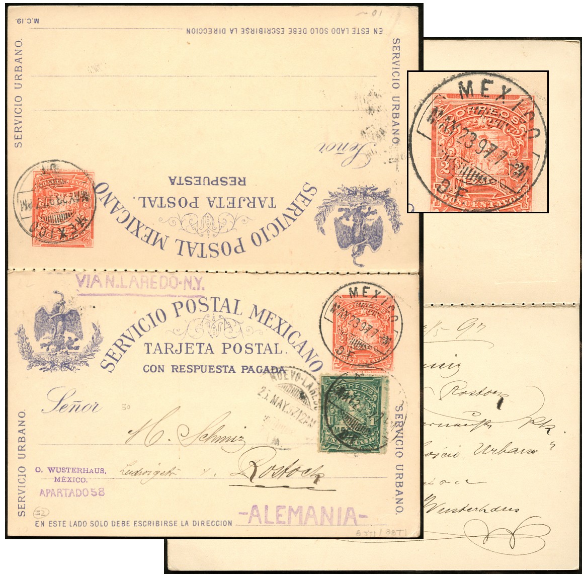 MEXICO 2¢+2¢ PERF 6 REPLY PSC + 1¢ MY 1897-GERMANY PC85