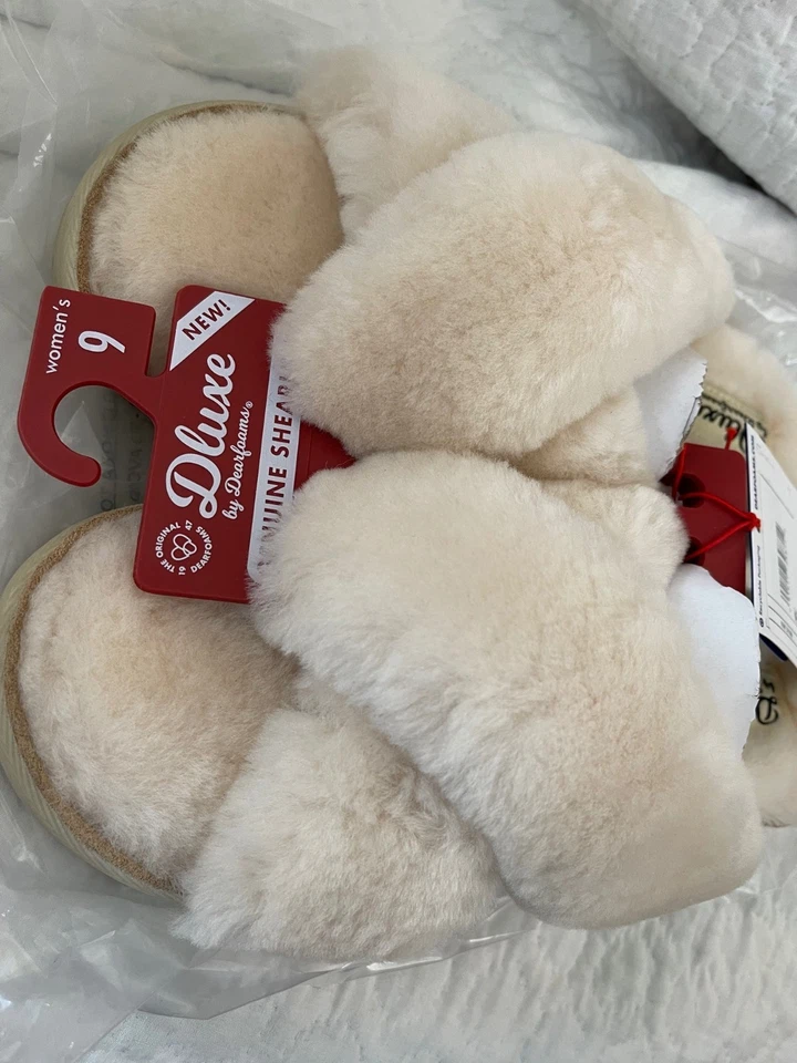 Dluxe by Dearfoam Cream Genuine Shearling Criss Cross Top Slide On Slippers - Image 3 of 4