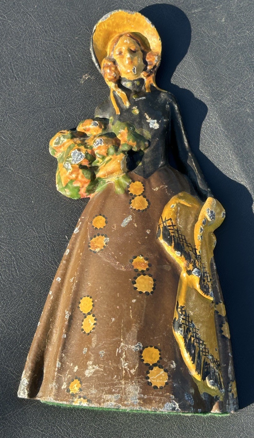Antique Cast Iron Doorstop Southern Belle Lady w/Flower Bouquet 12" Hollow Back