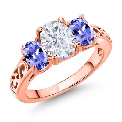 18K Rose Gold Plated Silver Blue Tanzanite Ring Set with Moissanite (2.40 Cttw)