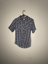 Wrangler Mens Pearl Snap Button Blue Plaid Western Shirt Size Medium EUC VTG