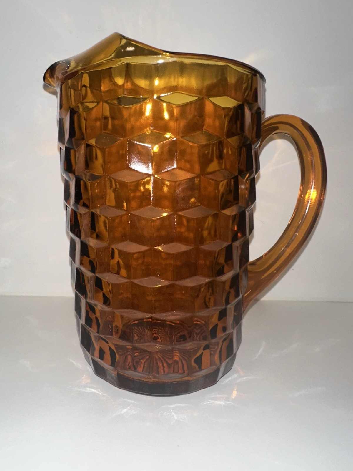 Vintage Heavy Amber Glass Pitcher 48 Oz Whitehall Cubist Pattern MidCentury