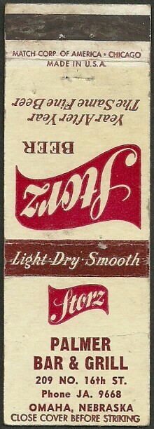 STORZ BEER vintage ~ PALMER BAR & GRILL ~ matchbook cover OMAHA, NE nebraska