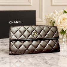 Authentic Chanel Metallic Maroon Quilted CC Long Bifold Wallet 18 Series