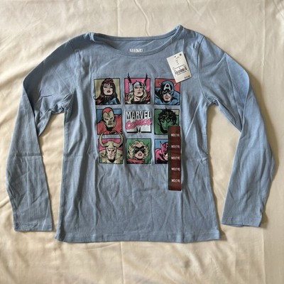 Marvel Comics Kid s Long Sleeve Tee Shirt Blue Marvel Superheroes Size M 7/8 NWT