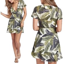 Show Me Your Mumu Winnie Wrap Ruffle Mini Dress Green Palm Tropical XS