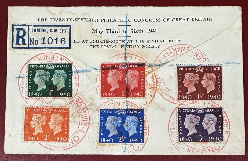 Great Britain, 1940 Stamp Centenary, Scott #252-257, Registered F.D.C.
