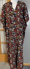 Floral Kaftan Button Up Maxi Dress OS Tan Beige Drawstring Pockets Boho Beach