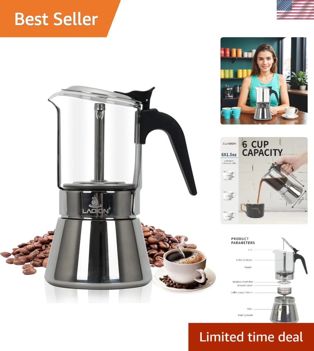 Espresso Maker Stovetop Moka Pot 6 Cup Stainless Steel Glass Top Coffee Maker