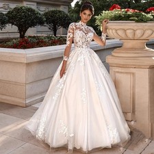 Elegant Wedding Dress High Neck Lace Applique Sweep Train Long Sleev Bridal Gown