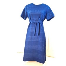 Vintage Sears Fashion 1960s House Dress Navy Blue Patterned Double Knit Belted