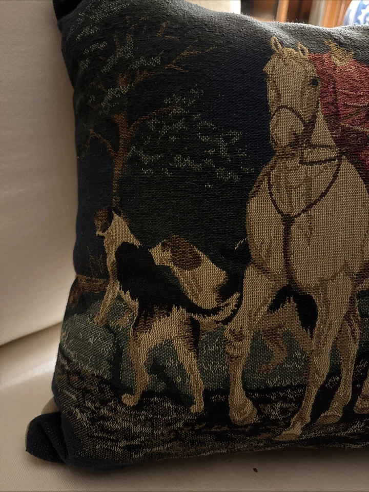 Vintage embroidered Pillow Of Hunter On Horse With Dogs “Fox Hunt” 17” USA - Image 3 of 4