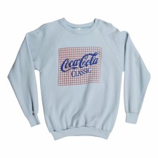 VTG Coca Cola Classic Crewneck Sweatshirt Baby Blue Grid 80s Co Max Size M USA