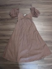 FAITHFULL THE BRAND Charlize Brown White Polka Dot Puff Sleeve Midi Dress Sz L