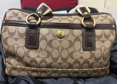 美品COACH ボストンバッグ Khaki/Dark Brown NWT Coach Signature Heritage XL Zip Satchel Boston Bag Khaki Dark