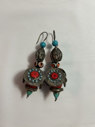 Vintage Asian  BUDDHA Coral Turquoise glass drop dangle EARRINGS - Photo 1/7