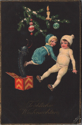 AK Fröhliche Weihnachten, Krampus springt aus Box 2 Mädchen ängstlich (Nr. 2609)