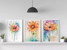 Set of 3 Vibrant Watercolor Splatter Flowers Watercolor Prints 5"x7" on Paper