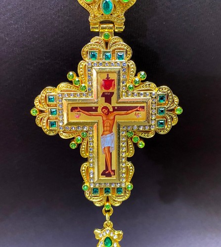 Greek Russian Orthodox Priest Pectoral Cross Pendant Gold Plated Green Stones - Picture 12 of 21