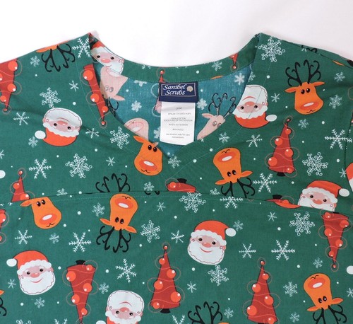 Sanibel Scrubs Christmas Women's Scrub Top Santa Reindeer Multi-color Size 2X - Picture 2 of 7