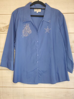 LAS OLAS Women's Shirt Blue Bling Horse & Stars Size XL 3/4 Sleeves 