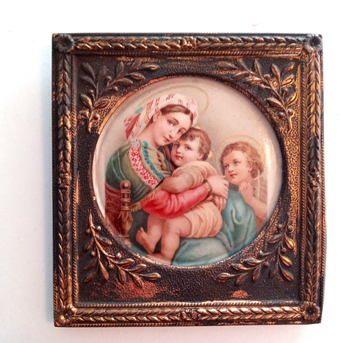 Antique Religious Picture Embossed Gold Tin Frame Madonna Mary Jesus Czech 1920s