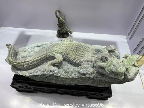 China Natural Dushan Jade Stone Carved Crocodile Alligator Statue Art Decoration