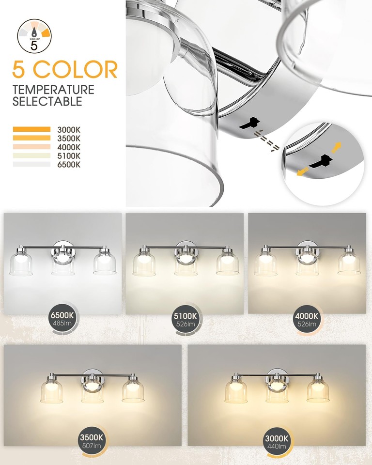 Chrome Bathroom Vanity Light HWH 3Light LED Bathroom Lights Over