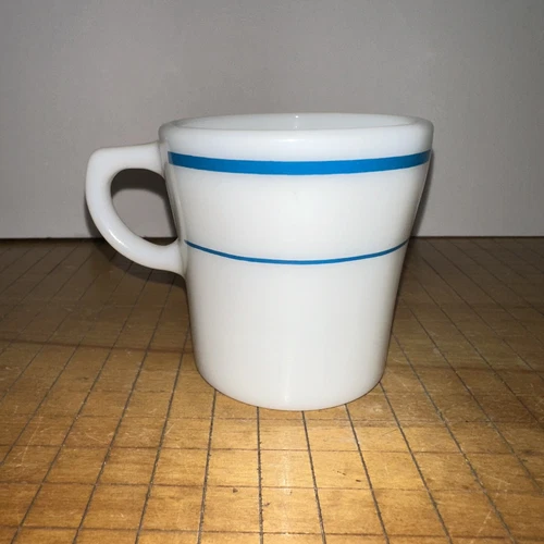 VINTAGE PYREX TABLEWARE BY CORNING MUG #709 TURQUOISE BLUE STRIPES White Glass
