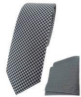 Schmale Tigertie Krawatte + Einstecktuch In Silber Schwarz Houndstooth Gemustert