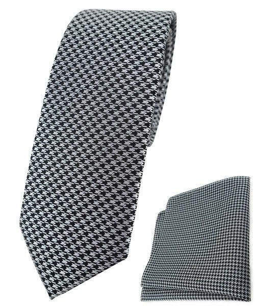 Schmale Tigertie Krawatte + Einstecktuch In Silber Schwarz Houndstooth Gemustert-image