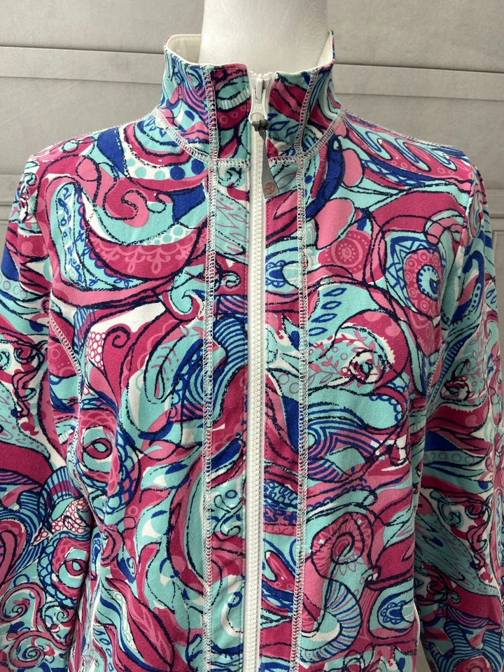 Suéter Talbots Feminino Médio Rosa Azul Paisley Zíper Completo Casual Bolsos Externos - Imagem 2 de 4