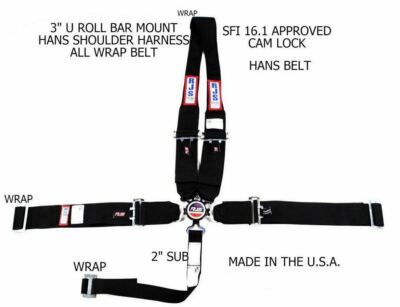 RJS RACING SFI 16.1 5PT HANS CAM LOCK U WRAP ROLL BAR MOUNT BELT BLACK 1043901