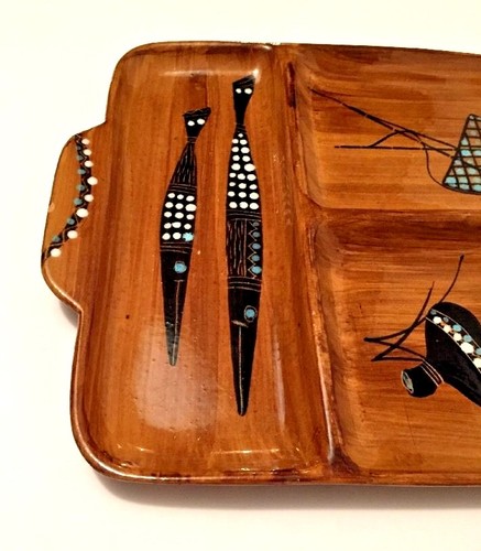 Plato dividido de cerámica de mediados de siglo pintado a mano aspecto de madera cestas de peces tribales - Imagen 5 de 10