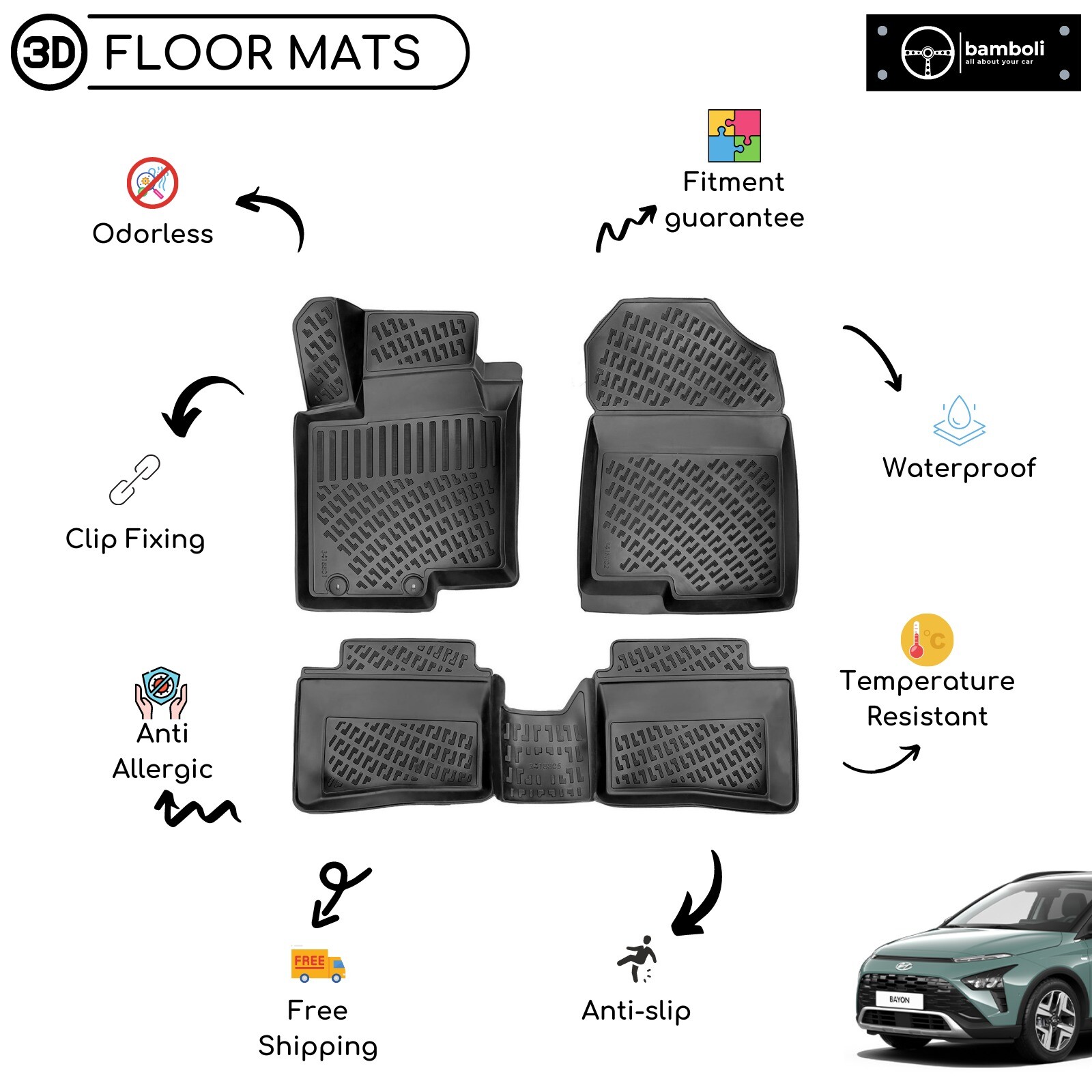 Custom Molded Rubber Floor Mat for Hyundai Bayon 2021 (Black) eBay
