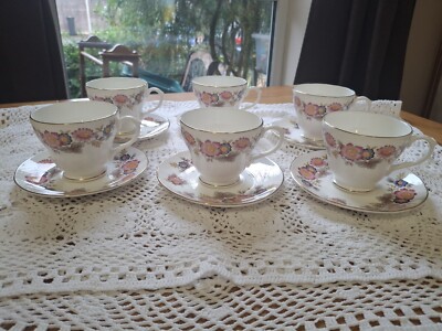 Vintage Salisbury Bone China Set 6 Tassen & Untertassen Rosa Blumenmuster