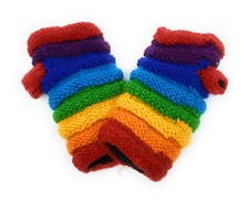 Hand Knit Rainbow Wool Fingerless Texting Gloves Fleece Lined Made in Nepal