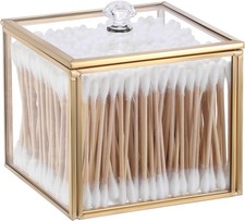 Glass Q-tip Holder Gold Cotton Swab Organizer Bathroom Dispenser with Lid Qtip