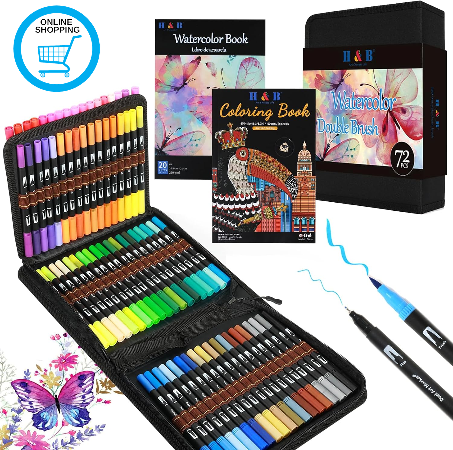 72 Colors Dual Brush Markers with Fineliner,Felt Tip Pens for Adults Kids,Colour