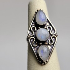 Vintage Pretty Southwestern 3-Stone Moonstone Ring 925 Sterling Silver Size 6.